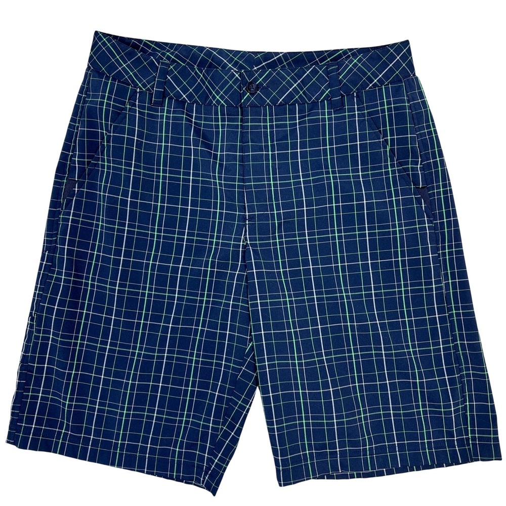 Fila Sport Golf Shorts 32" Navy Blue Green Plaid Flat Front Performance Golfcore
